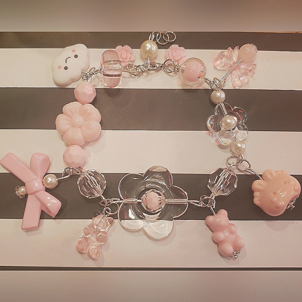 Handmade Cute Flowers & Bears & Bows Pink Bracelet